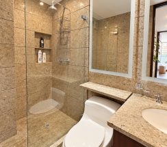 29Elegant Beige Stone Bathroom